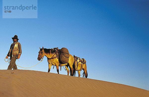 Mann zu Fuß mit Pferden auf Sanddüne  Argentinien