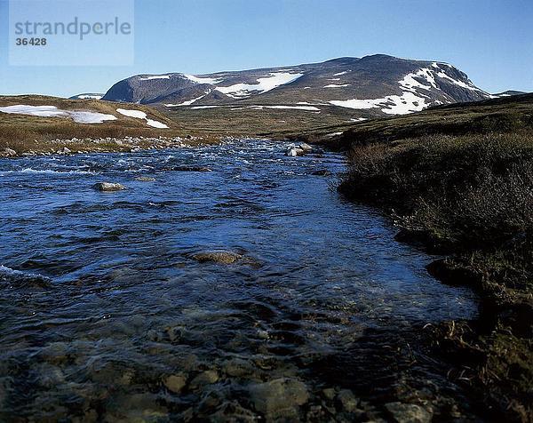 Fluss  der durch eine Landschaft mit Bergen im Hintergrund  Dovre Nationalpark  Norwegen