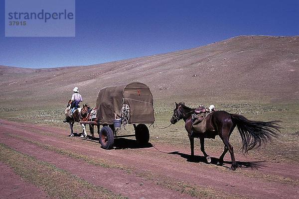 Pferdewagen auf unasphaltierten Straße  Mongolei