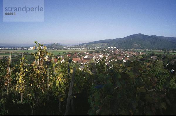 Weingut auf einem Hügel mit einem Dorf im Hintergrund  Baden-Württemberg  Deutschland