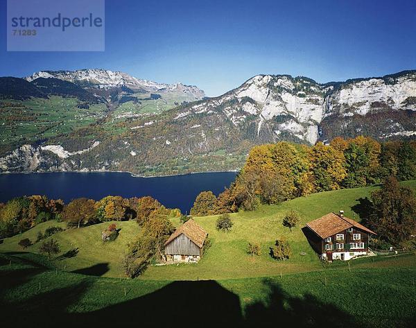 Landschaftlich schön landschaftlich reizvoll Europa Berg See Meer Scheune Herbst wohnen Amden Schweiz Walensee
