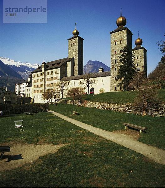 10121427  Bäumen  Berge  Brig  Palace  Schweiz  Europa  Stockalper  Palast von Stockalper  Wallis