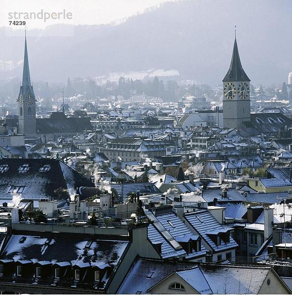 10613444  Old Town  Fraumünster  Kirche  St. Peter  Kirche  Übersicht  Mountain Utli  Winter  Schweiz  Europa  Stadt