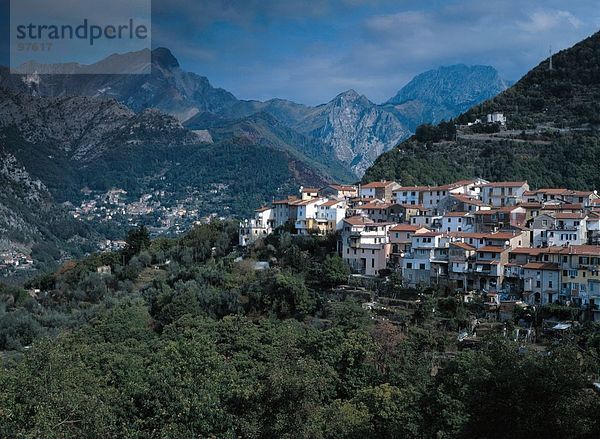 Erhöhte Ansicht eines Dorfes mit Bergen im Hintergrund  Versilia  Toskana  Italien