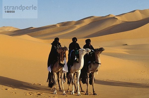 Drei Tuareg-Fahrer auf Kamelen  Sahara Tekerkiba  Lybien