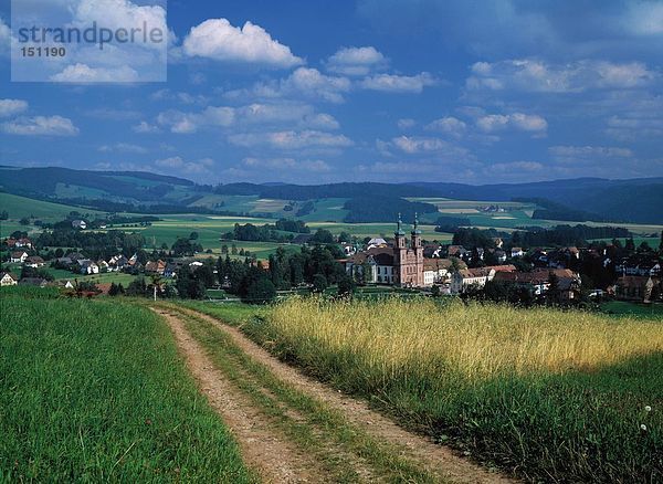 Reifen Tracks auf Feld zu Dorf  Schwarzwald  Baden-Württemberg  Deutschland