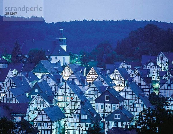 10074353  blue Filter  Deutschland  Europa  Dorf  Übersicht  Fachwerkhäuser  Kirche  in der Nacht  North Rhine-Westphalia  vic