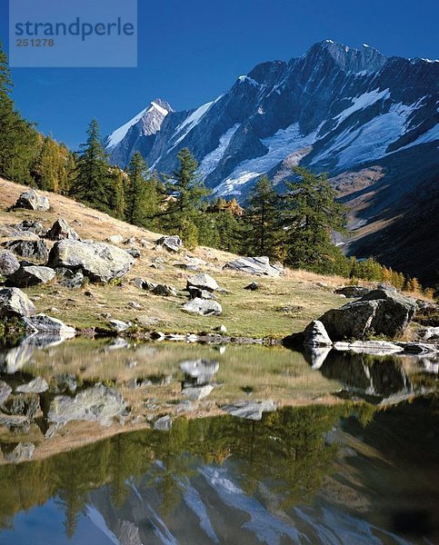 Landschaftlich schön landschaftlich reizvoll Europa Berg See Alpen Tanne Schweiz Kanton Wallis