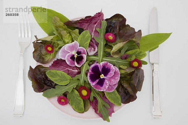 Frischer Salat mit essbaren Blumen  Nahaufnahme