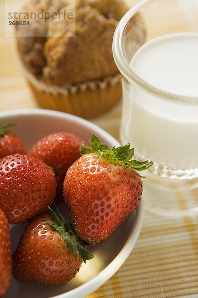 Erdbeeren  Milchglas und Muffin zum Frühstück