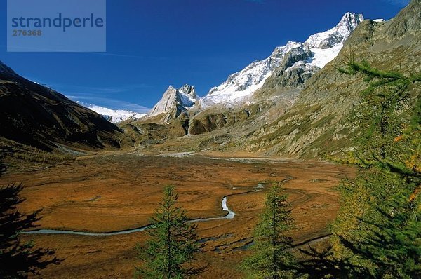 Erhöhte Ansicht von Sumpfgebieten umgeben von Bergen  Aiguille de Gletscher  Valle d ' Aosta  Piemont  Italien