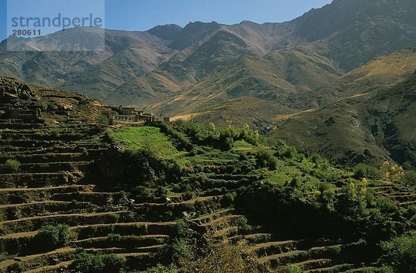 Erhöhte Ansicht der terrassierten landwirtschaftlichen Betriebe  Marokko