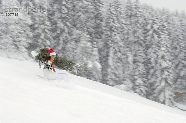 Woman riding on sledge  carrying Christmas tree