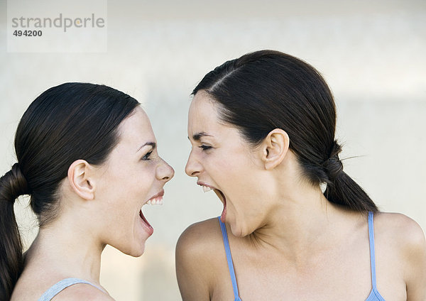 Zwei junge Frauen  die sich anschreien.