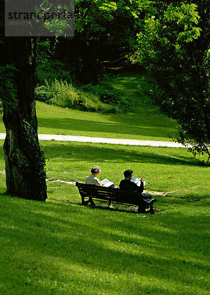 Menschen sitzen auf einer Bank im grünen Gras.