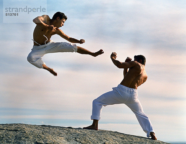Zwei Männer üben Kampfsport  einer in der Luft.