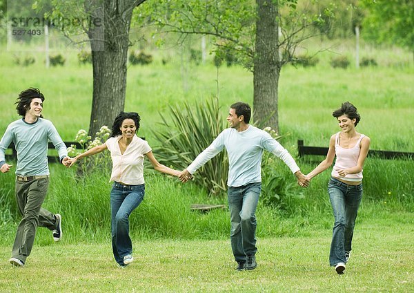 Vier junge Freunde beim Händchenhalten und Springen im Feld