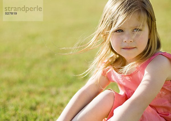 Kleines Mädchen sitzt auf Gras  Haare blasen im Wind