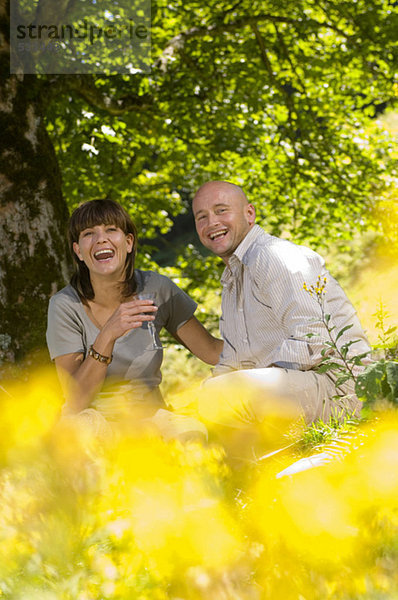 Pärchen beim Picknick unterm Baum  lächelnd