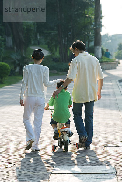 Eltern gehen neben dem Sohn auf dem Fahrrad mit Stützrädern  Rückansicht