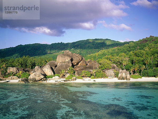 Felsformationen und Palmen am Strand  Seychellen