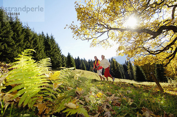 Seniorenpaar Nordic Walking im Freien  Seitenansicht