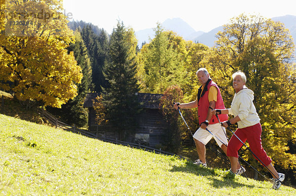 Seniorenpaar Nordic Walking  lächelnd  Seitenansicht  Portrait