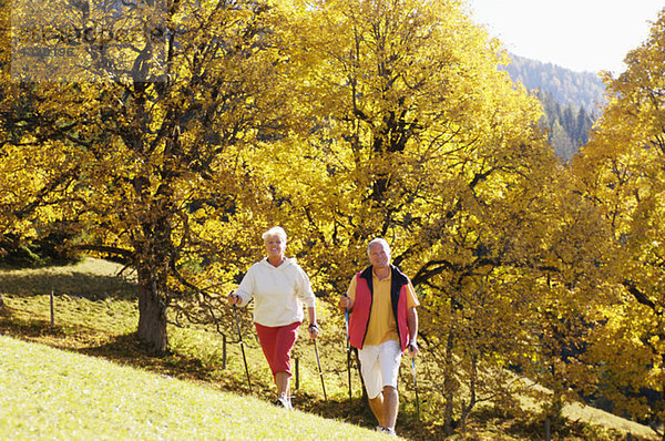 Seniorenpaar Nordic Walking im Freien