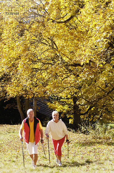 Seniorenpaar Nordic Walking im Freien  erhöhte Aussicht