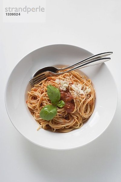 Spaghetti mit Tomatensauce  Basilikum und Parmesan