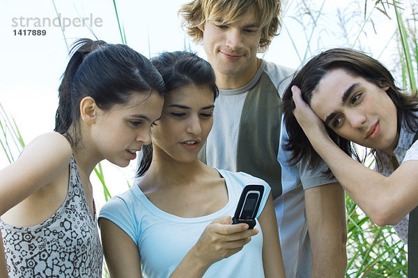 Gruppe junger Freunde  die gemeinsam das Handy anschauen