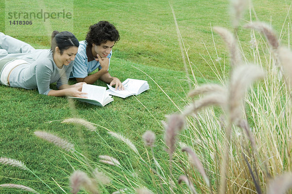 Junges erwachsenes Paar beim Lesen im Freien  auf Gras liegend