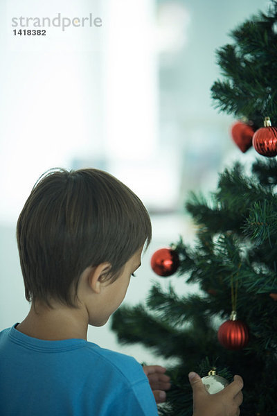 Junge schmückt Weihnachtsbaum