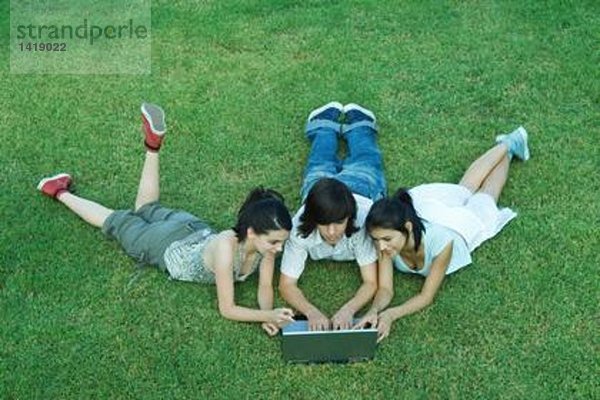 Junge Freunde im Gras liegend  mit dem Laptop zusammen