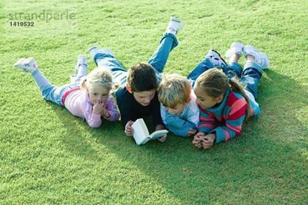 Kinder  die zusammen auf Gras liegen  lesen