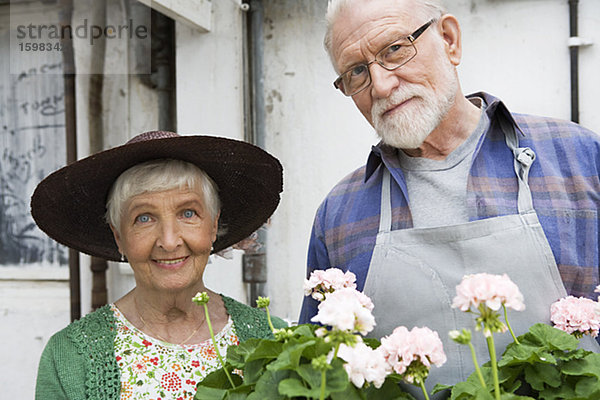 Ein älterer skandinavischen Paar mit einem Blumenkasten Schweden.