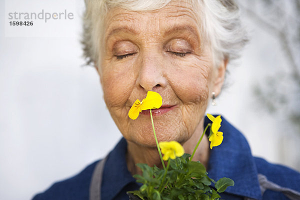 Eine skandinavische ältere Frau hält eine Blume Schweden.