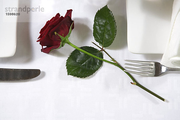 Eine rote rose auf ein gedeckter Tisch.
