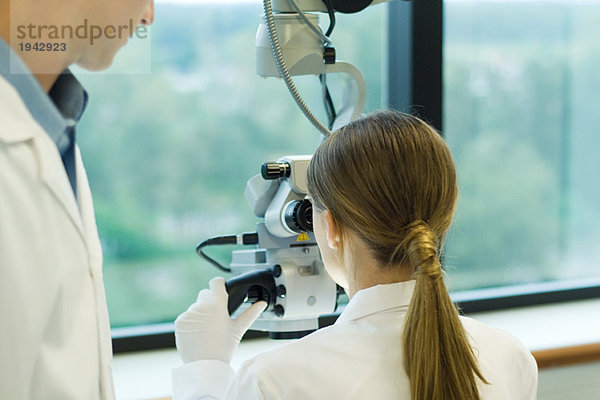 Junge Frau am Mikroskop  während männliche Kollegen zuschauen  Rückansicht