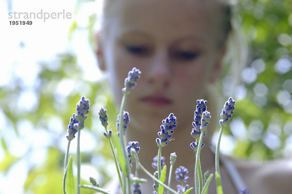 Junge Frau im Lavendelfeld stehend  Fokus auf Lavendelblüten im Vordergrund  Nahaufnahme