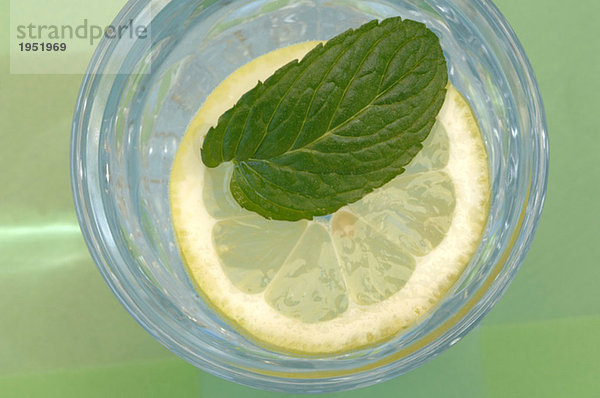 Pfefferminz auf Zitronenscheibe im Wasserglas