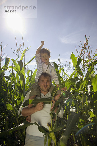 Vater mit Junge auf den Schultern  der aus einem Maisfeld kommt.
