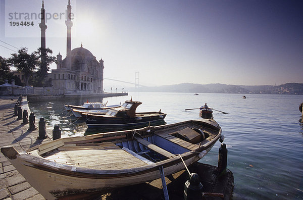 Ortakšy Camii at Bosporus Turkey  fisherboats at the bay