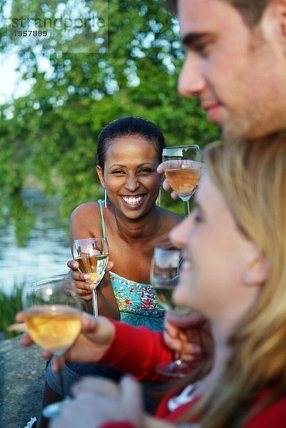 Freunde trinken Wein auf der Klippe