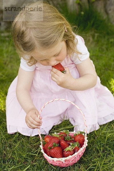 Kleines Mädchen isst Erdbeeren auf Wiese