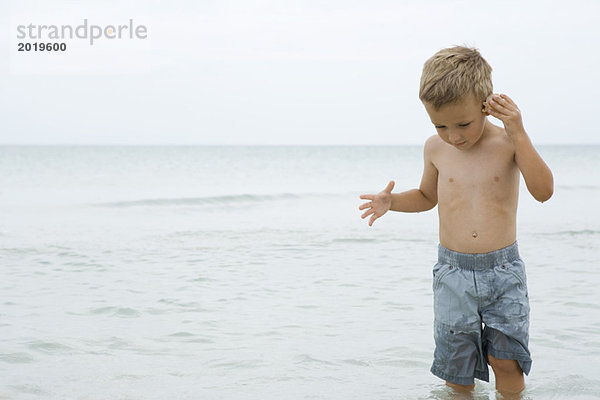 Kleiner Junge steht knietief im Meer  hält Muschel an Ohr  Vorderansicht