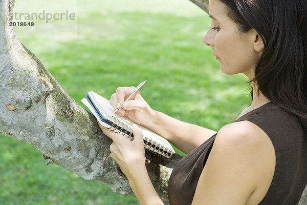 Frau schreibt in Notizbuch  hält Notizbuch an Baumzweig  Hochwinkelansicht