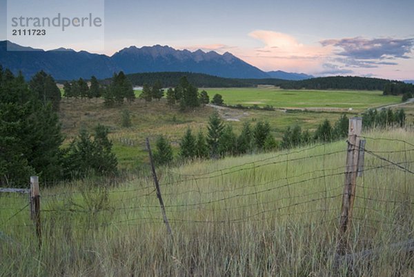 Rural farmland and rocky mountains  Cranbrook  BC  Canada