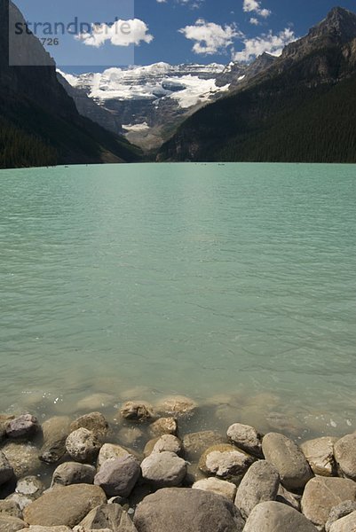 Alpine lakeshore with glacier capped mountains in the background  Lake Louise  Banff National Park  Alberta  Canada
