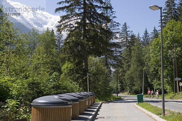 Waste and recycling bins  sorted into paper  glass  plastic  and garbage  Chamonix  France